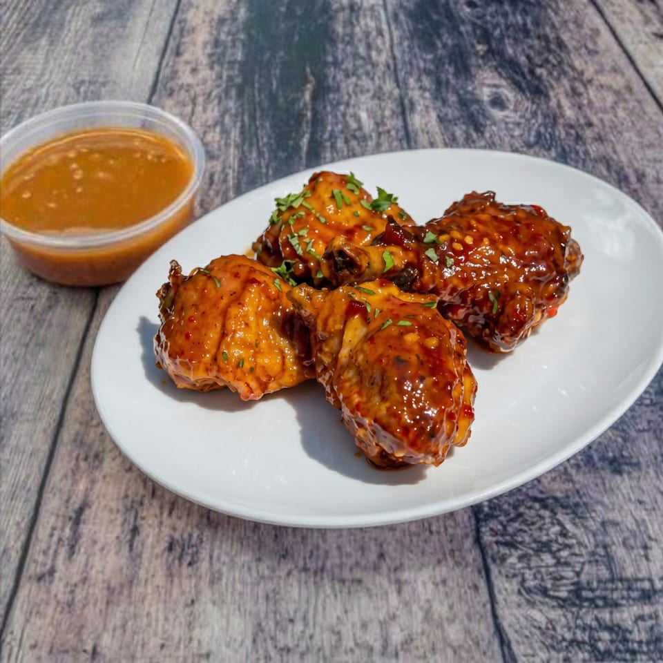 Four glazed chicken wings on a white plate with a side of dipping sauce on a wooden table.