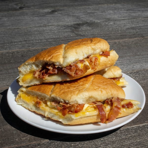 Two halves of a bacon, egg, and cheese sandwich on a white plate, on a wooden table.